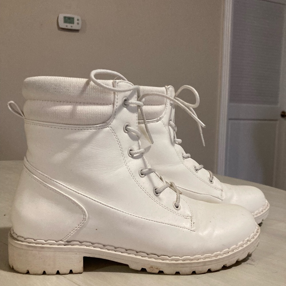 JustFab White Leather Combat Boots